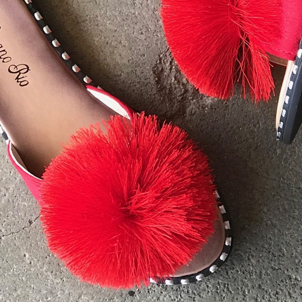 Party People! Summer Rio Red Pom Pom Poof Mule Padded Slide Sandals - Picture 2 of 9